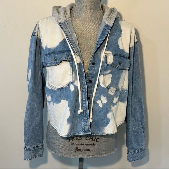American Eagle Women’s SZ S Casual Denim Bleached Hooded Jacket Coat 90s Shacket - Picture 13 of 15